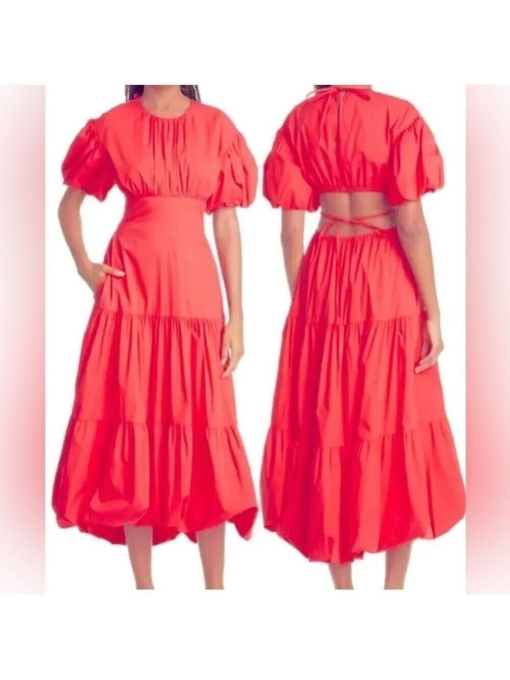 Cinq á Sept Maisey Puffed Sleeve Tiered Open-Back Midi Dress Chili Pepper Sz 6